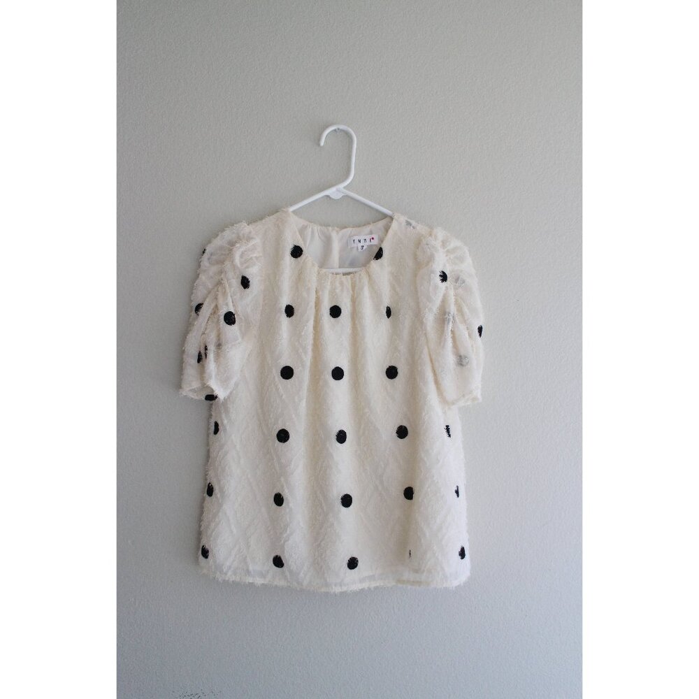 THML Creamy White Polka Dot Short Sleeve Frine Diamond Trim Blouse Top Size XS